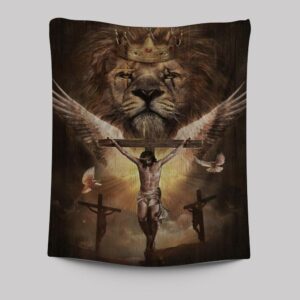 Watercolor Lion Jesus on Cross Tapestry - Spiritual Wall Art Decor