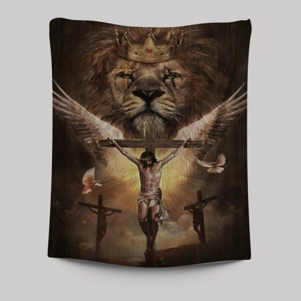 Watercolor Lion Jesus on Cross Tapestry – Spiritual Wall Art Decor