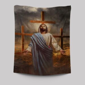 Vintage Old Rugged Cross Jesus Painting on Black Cloud Tapestry