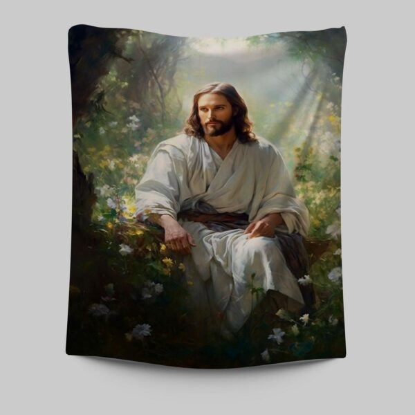 Jesus Forest Tapestry Prints – Christian Wall Art Decor – Jesus Sitting Down Tapestry Art