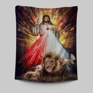 Jesus Sacred Heart Lion Lamb Tapestry Prints - Christian Inspirational Lion Art