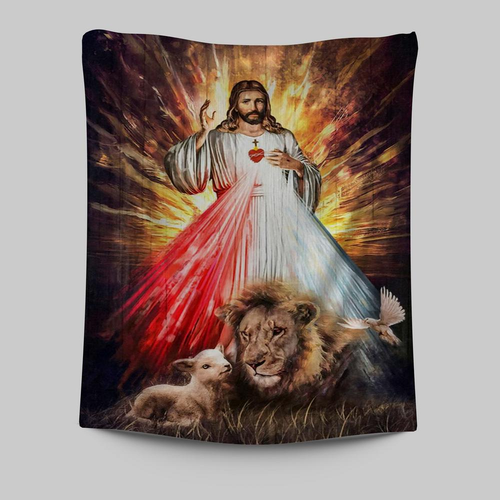 Jesus Sacred Heart Lion Lamb Tapestry Prints – Christian Inspirational Lion Art Jesus Sacred Heart Lion Lamb Tapestry Prints – Christian Inspirational Lion Art