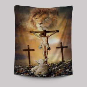 Religious Jesus On The Cross Lion Of Judah Little Lamb Rock Mountain Tapestry