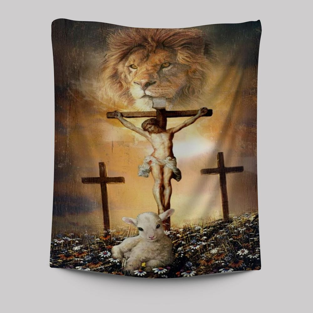 Religious Jesus On The Cross Lion Of Judah Little Lamb Rock Mountain Tapestry Religious Jesus On The Cross Lion Of Judah Little Lamb Rock Mountain Tapestry