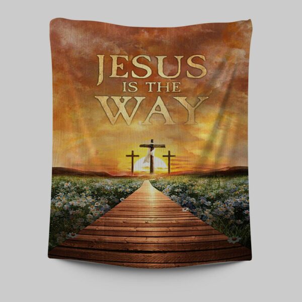 Jesus Is The Way Sunset Cross Tapestry Wall Art – Bible Verse Inspirational Christian Indoor Tapestries