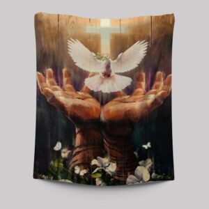Peaceful Jesus Hand Tapestry with Light Cross and Dove - White Flower Design