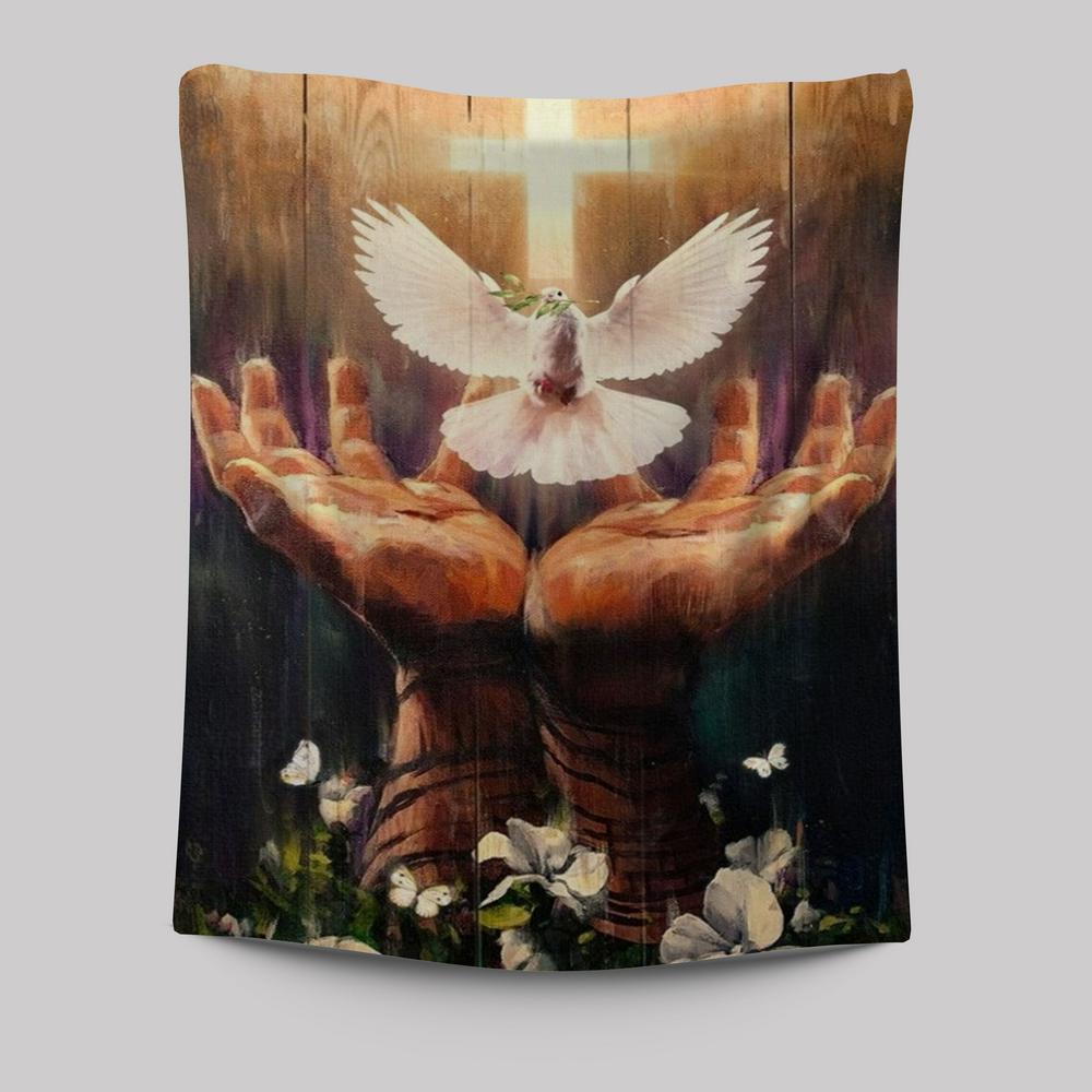 Peaceful Jesus Hand Tapestry with Light Cross and Dove – White Flower Design Peaceful Jesus Hand Tapestry with Light Cross and Dove – White Flower Design