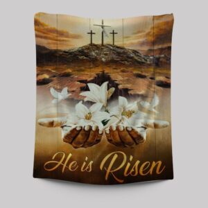 White Lily Dove Cross He Is Risen Tapestry - Jesus Hands Design Religious Wall Decor