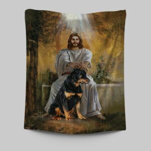 Jesus & Rottweiler Dog Wall Art Tapestry - Christian Portrait Prints