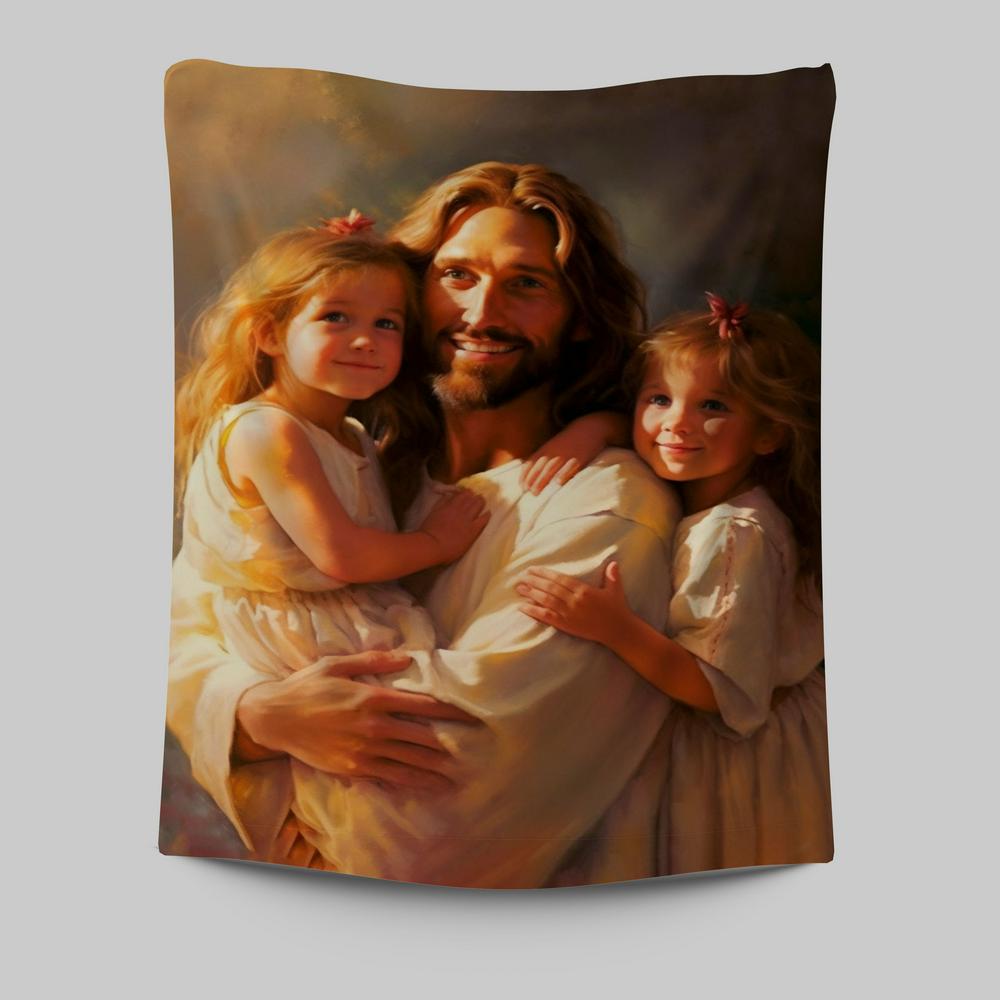 Jesus and Two Little Girls Tapestry Prints: Christian Wall Art Decor Jesus and Two Little Girls Tapestry Prints: Christian Wall Art Decor