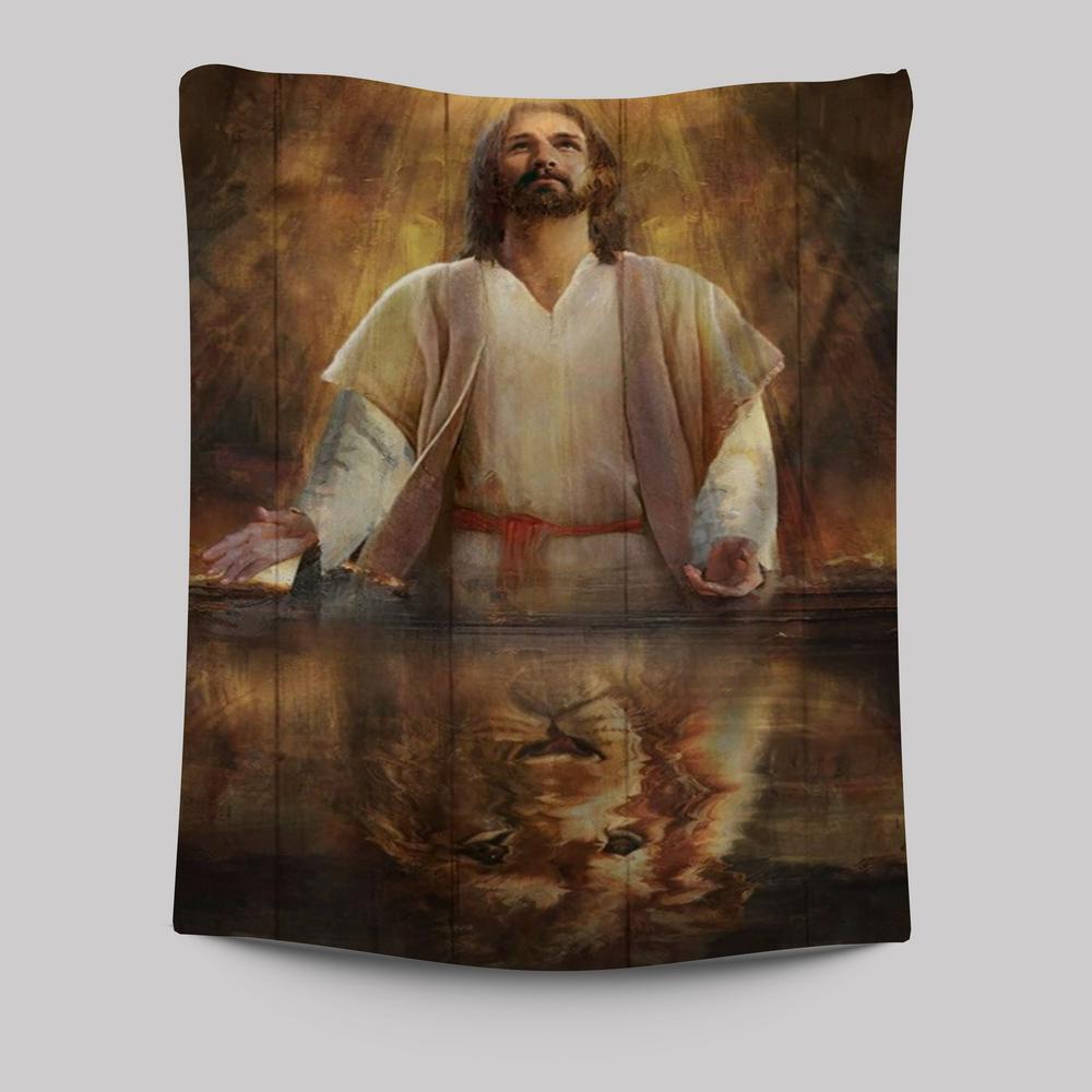 Jesus Lion of Judah Tapestry with Yellow Halo – Religious Artwork for Home Decor Jesus Lion of Judah Tapestry with Yellow Halo – Religious Artwork for Home Decor
