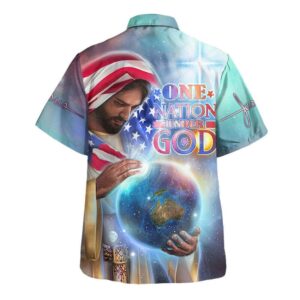 Jesus Holding Earth American Flag Hawaiian Shirt - Religious Independence Day Gift 1