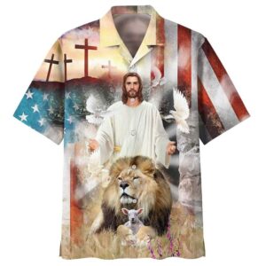 Jesus Lion and Lamb Cross Christian Hawaiian Shirt for Men - Gift for Christian