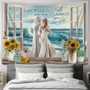 Beautiful Woman Jesus Ocean Wave Faith Tapestry for Living Room Bedroom