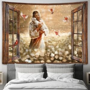 Dandelion Field Jesus Lamb Cardinal Tapestry - Living Room Bedroom Tapestries