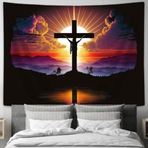 Sunset Jesus Cross Tapestry - Faith Art for Christian Wall Decor