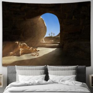 Resurrection Jesus Empty Stone Tomb Tapestry: Faith Art for Christian Wall Decor