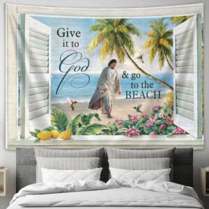 Jesus Walks Tapestry: Palm Trees Beach Design Perfect for Living Room Bedroom
