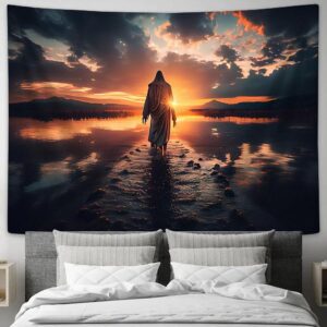 Jesus Walks Water Sunset Tapestry Pictures - Faith Art for Christian Wall Decor