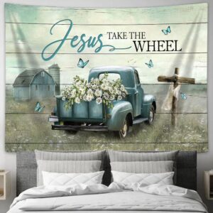 Jesus Take The Wheel Daisy Field Ladybug Car Tapestry - Religious Wall Art with Bible Verse - Hanging Tapestry
