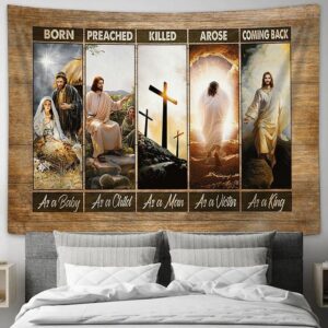 King Jesus Tapestry Art - Christian Wall Decor with Bible Verse - Life of Jesus Cross Design