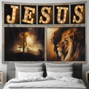 Jesus The Lion Of Judah Cross Tapestry - Tapestries for Living Room Bedroom