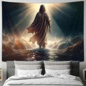 Jesus Christ Walks Water Religious Tapestry - Faith Art for Christian Wall Decor