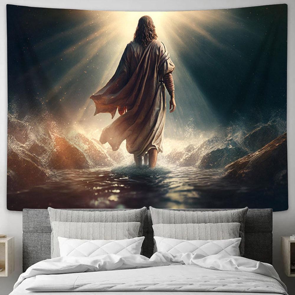 Jesus Christ Walks Water Religious Tapestry – Faith Art for Christian Wall Decor Jesus Christ Walks Water Religious Tapestry – Faith Art for Christian Wall Decor