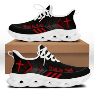 Jesus Walk By Faith Running Sneakers - Red Black Art Max Soul Shoes for Men and Women - Christian Fashion Shoes