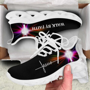 Jesus Walk By Faith Running Shoes - White Black Art Max Soul Sneakers for Men and Women - Christian Fashion