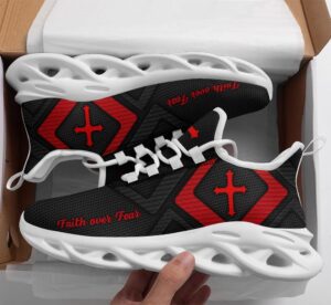 Jesus Faith Over Fear Running Sneakers - Red & Black Max Soul Shoes for Men & Women