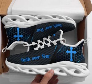 Jesus Faith Over Fear Running Sneakers - Black and Blue Max Soul Shoes for Men and Women - Christian Fashion Shoes