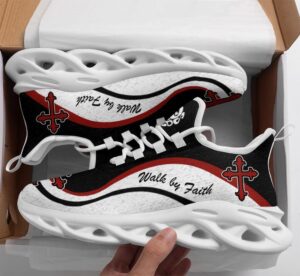 Jesus Walk By Faith Running Sneakers - White & Black Max Soul Shoes for Men & Women - Christian Fashion Shoes