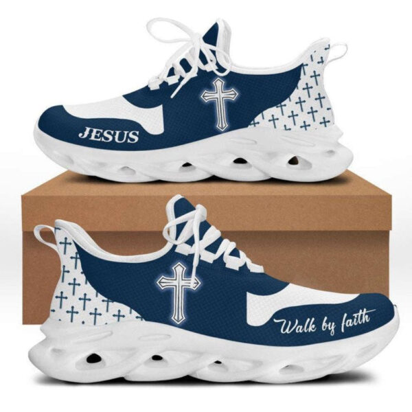 Jesus Walk By Faith Running Sneakers – Blue White Max Soul Shoes for Men and Women – Christian Fashion Shoes