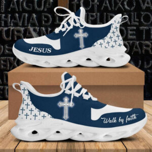 Jesus Walk By Faith Running Sneakers - Blue White Max Soul Shoes for Men and Women - Christian Fashion Shoes