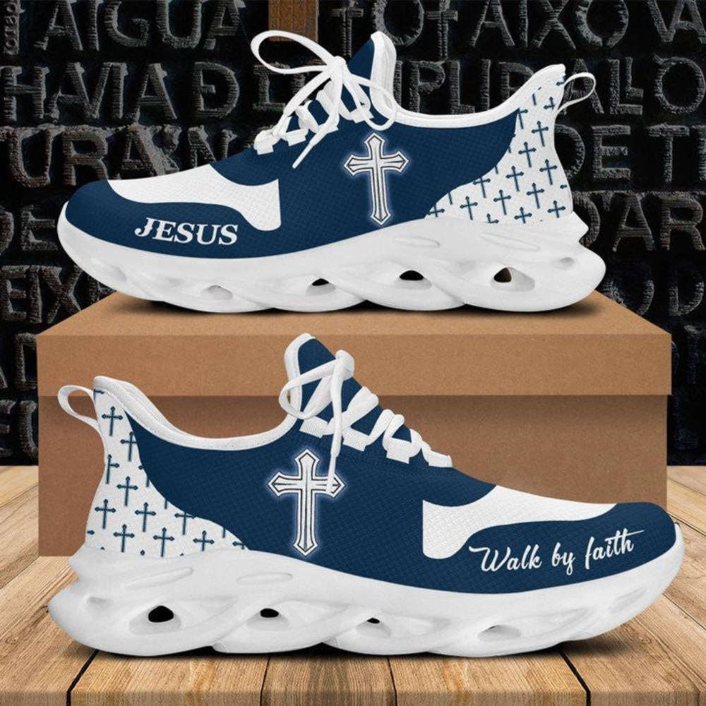 Jesus Walk By Faith Running Sneakers – Blue White Max Soul Shoes for Men and Women – Christian Fashion Shoes Jesus Walk By Faith Running Sneakers – Blue White Max Soul Shoes for Men and Women – Christian Fashion Shoes