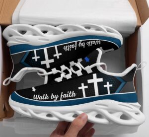 Jesus Walk By Faith Running Sneakers - Christ Blue Max Soul Shoes for Men and Women - Christian Best Fashion Shoes