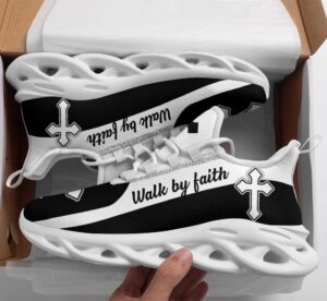 Jesus Walk By Faith Running Sneakers - Black White Art Max Soul Shoes for Men and Women