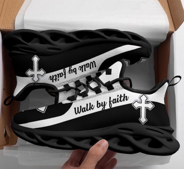 Jesus Walk By Faith Running Sneakers – Black White Art Max Soul Shoes for Men and Women
