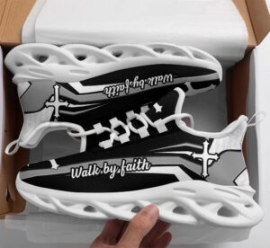 Jesus Walk By Faith Running Sneakers - Christian Best Black and White Shoes for Men and Women