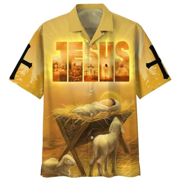 Christian Baby Jesus In A Manger Hawaiian Shirt – Men s Religious Gift