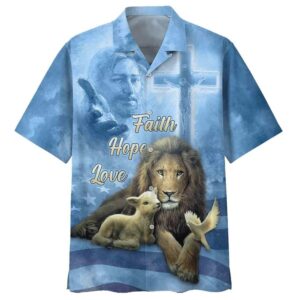 Faith Hope Love Jesus Lion And The Lamb Men s Christian Hawaiian Shirt - Perfect Gift for Christians