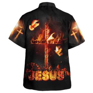 Men s Jesus Burning Fire Cross Hawaiian Shirt: Christian Gift for Men 1