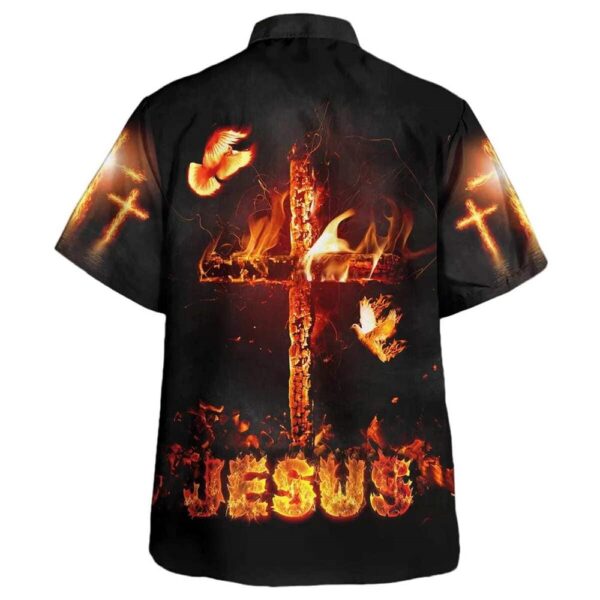 Men s Jesus Burning Fire Cross Hawaiian Shirt: Christian Gift for Men