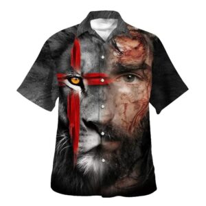 Christian Cross Hawaiian Shirt for Men - Jesus & Lion King Design Perfect Gift for Christians