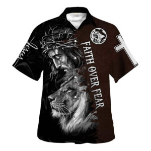 Faith Over Fear Men s Christian Hawaiian Shirt - Jesus and Lion Bible Verse Design - Ideal Gift for Christian Men