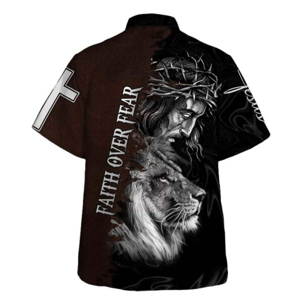 Faith Over Fear Men s Christian Hawaiian Shirt – Jesus and Lion Bible Verse Design – Ideal Gift for Christian Men
