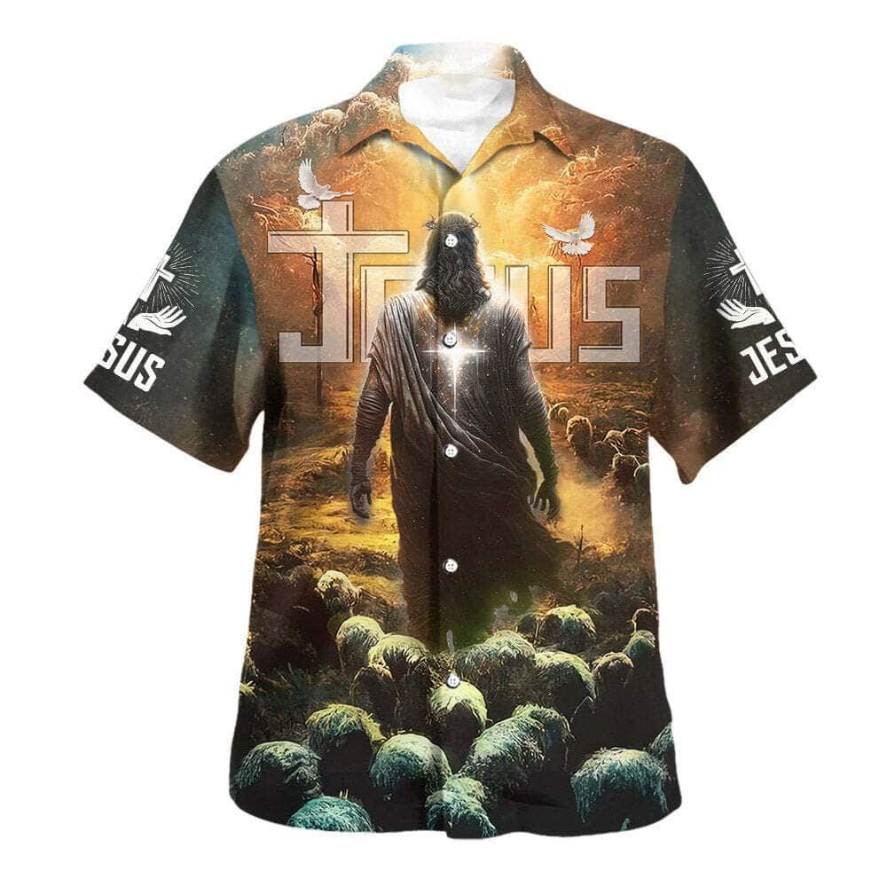 Jesus Leading Sheep Hawaiian Shirt for Men – Christian Gift Jesus Leading Sheep Hawaiian Shirt for Men – Christian Gift