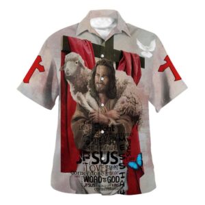 Jesus Holding Lamb Men s Hawaiian Shirt Christian Gift with Bible Verse