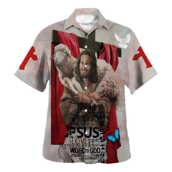 Jesus Holding Lamb Men s Hawaiian Shirt Christian Gift with Bible Verse